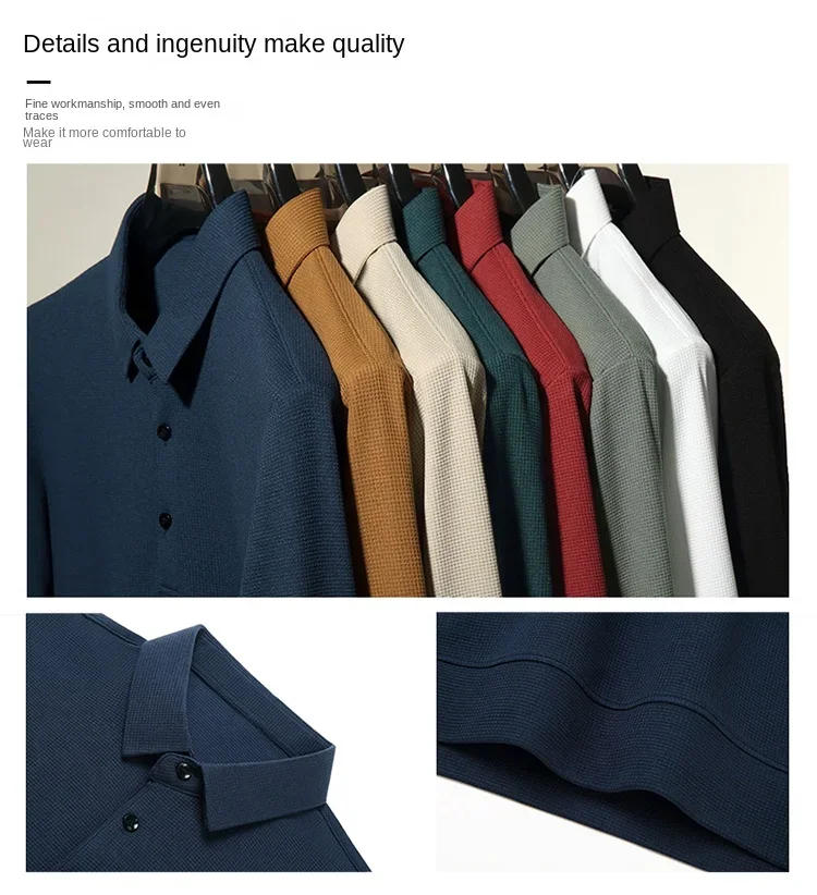 Description Picture 5 of item2024 Spring Autumn Waffle Men's Long-sleeved Polo Shirt Business Casual Slim Top Classic Solid Color Male Brand Tees