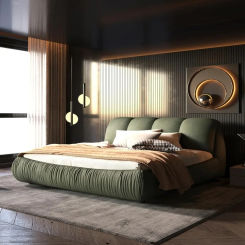 KING Bed with Oversized Padded Backrest,Solid Wood Cloud Bed Frame with Thickening Pinewooden Slats and Metal Leg