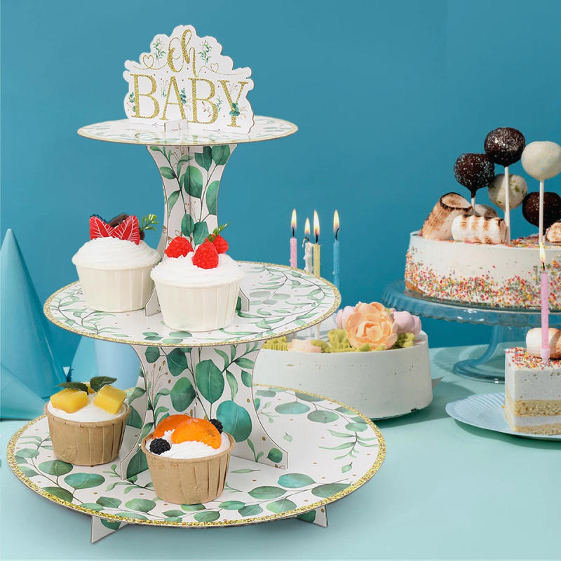 Description Picture 5 of itemGolden Edged Green Leaf Paper Cake Stand Birthday Party Decoration Kids Baby Shower Reveals Gender Party Supplies Cake Decor