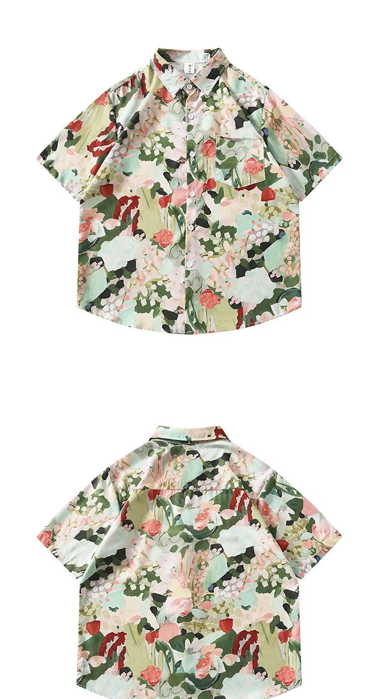 Description Picture 3 of itemMen Women Plant Graffiti All-print Short-sleeved Lapel Shirts Trendy Beach Holiday Style Casual Loose Single-breasted Blouse Top