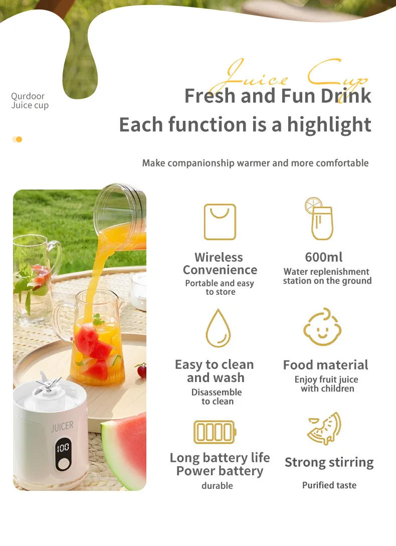 Description Picture 3 of item600ML Portable Juicing Cup Multifunctional Household Crushed Ice Juicer Outdoor USB Rechargeable Electric  Fruit Juice Machine