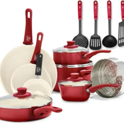 Soft Grip Healthy Ceramic Nonstick 16 Piece Kitchen Cookware Pots and Frying Sauce Pans Set, PFAS-Free, Dishwasher Safe, Red