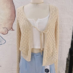 Hollow Out Lace-up Long Sleeve T-shirt Cardigan Summer Casual V-neck Cotton Slim Smock Solid Simple Sweet Basic Tee Y2k Tops