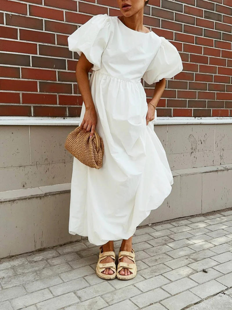 Description Picture 2 of itemNew Cotton O Neck Puff Sleeve Dresses Spring Women Solid Color Loose Casual Long Dress Summer High Waist Folding Pullover Dress