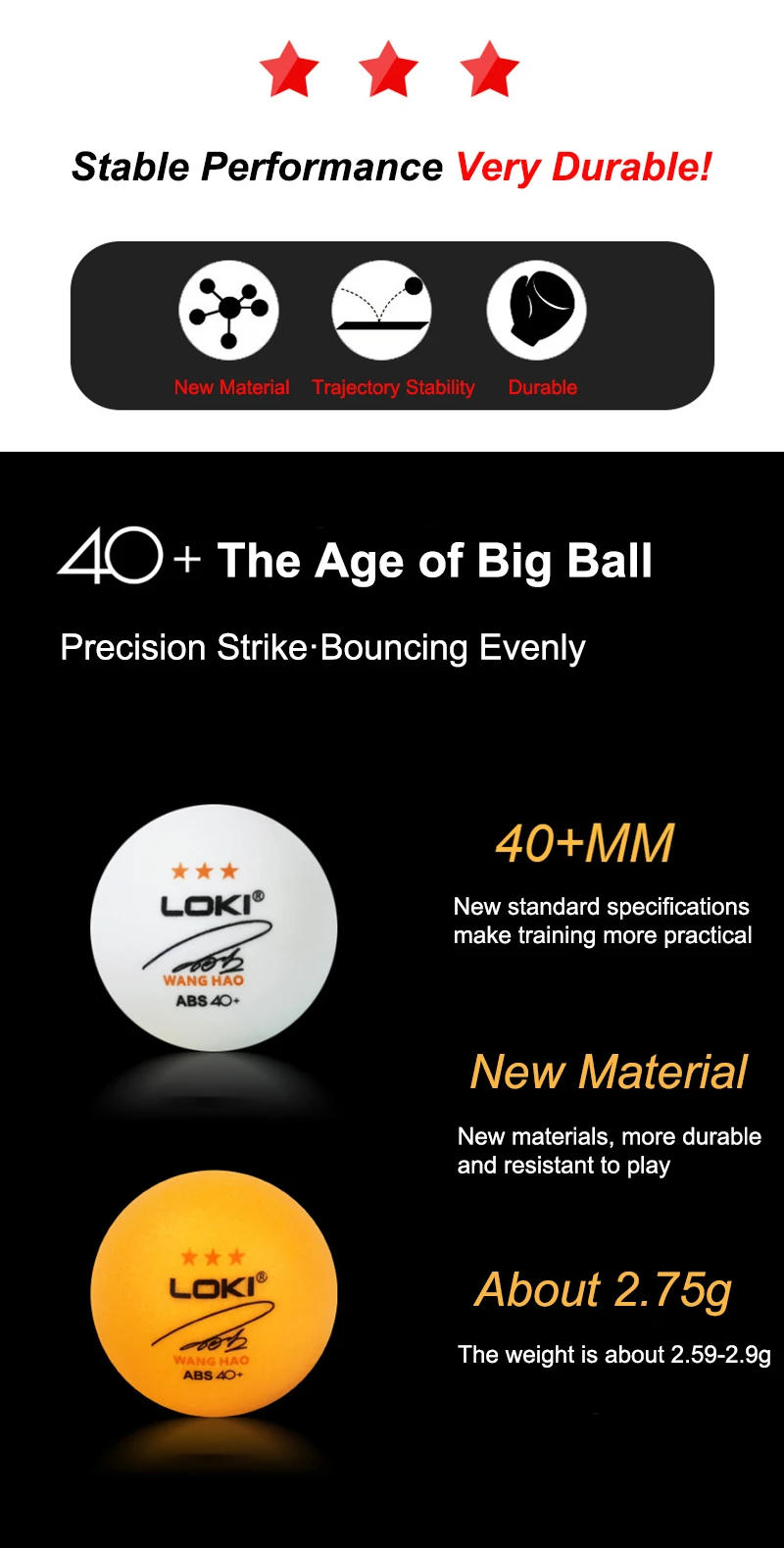 Description Picture 5 of itemLOKI 3 Stars Seamed Table Tennis Balls 40+mm New ABS Plastic Material Durable Ping Pong Balls for Professional Athletes Training