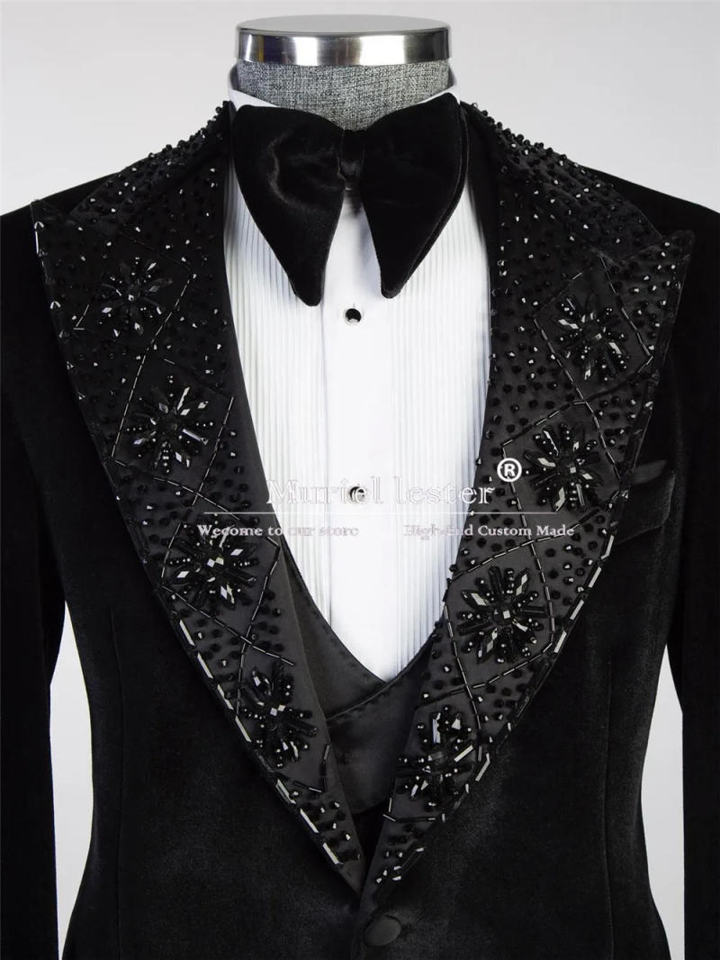 Description Picture 4 of itemRoyal Velvet Wedding Tuxedos Luxury Handmade Beaded Stoned Jacket Vest Pants 3 Pieces Set Men's Suits Formal Party Costume Homme