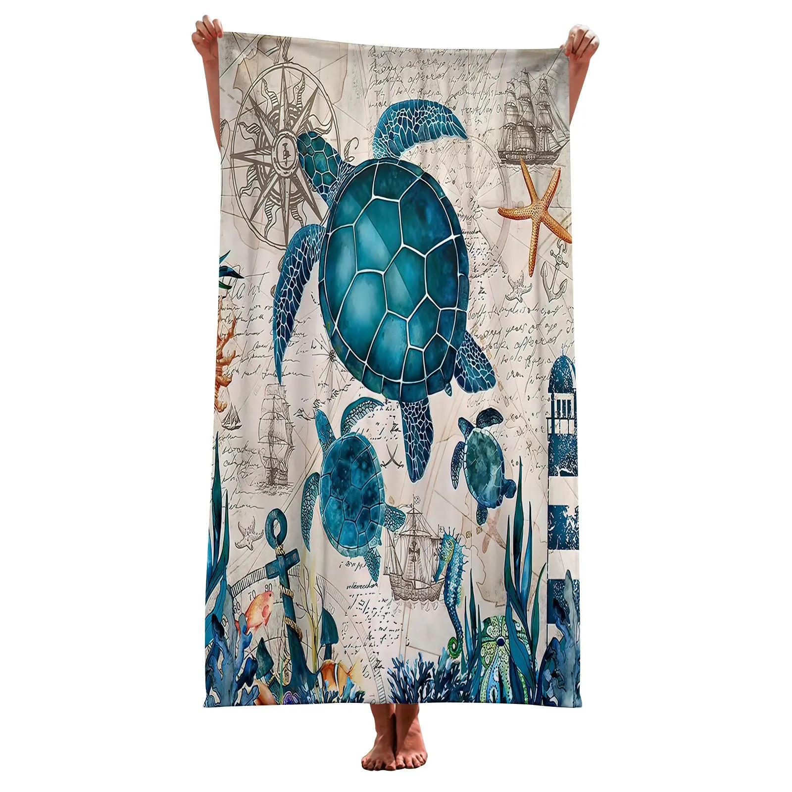 Description Picture 2 of itemSea Turtle Beach Towel Microfiber Ocean Animal Bath Towel Nautical Theme Quick Dry Towels for Kids Adults Swimming Sports Travel