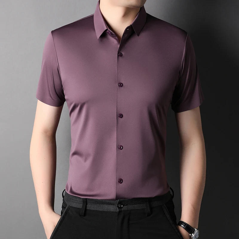 Description Picture 6 of itemMLSHP High Elasticity Summer Men's Shirts Luxury Short Sleeve Solid Color Seamless Business Casual Male Dress Shirts 4XL