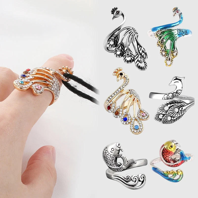 Description Picture 3 of item1pcs Knitting Loop Crochet Tool Thread Control Ring Peacock Finger Wear Thimble Yarn Wire Winder Knit Sewing Accessories