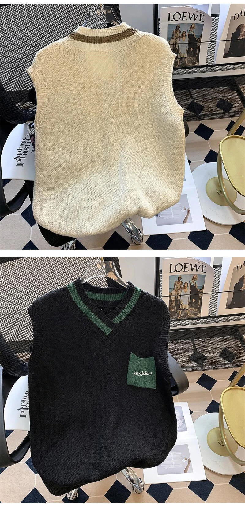 Description Picture 3 of itemSweater Vest Men Spring V-neck Japanese Vintage Contrast Color College Knitted Fashion Loose All-match Sleeveless Clothing V29