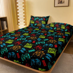 1 Cartoon Fun Game  Printed Matte Fitted Sheet, Bedroom Printed Bed Cover, Bedding (Excluding Pillowcases)