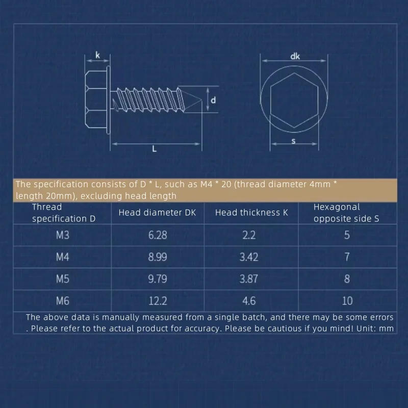 Description Picture 2 of item304 Stainless Steel Cross Groove Outer Hexagon Flange Self Tapping Screw with Pad Self Tapping Bolt M3 M4 M5 M6