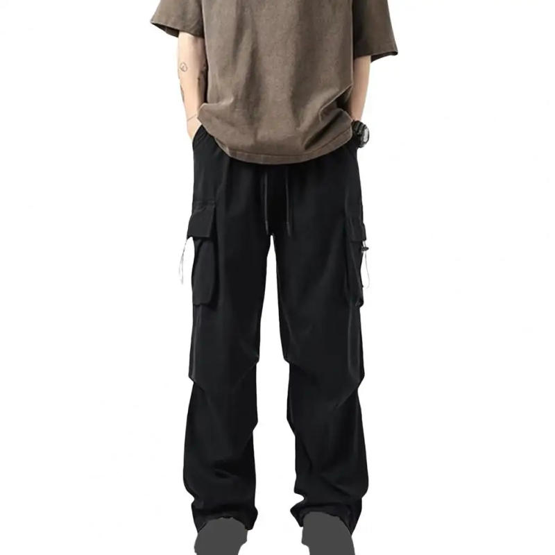 Description Picture 4 of itemWide Leg Sweatpants Men's Multi-pocket Cargo Pants with Drawstring Detail Elastic Waist Streetwear Style Solid Color for Outdoor