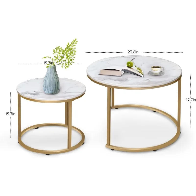 Description Picture 4 of itemCoffee Table Nesting White Set of 2 Side Set Golden Frame Circular and Marble Pattern Wooden Tables, Living Room Bedroom