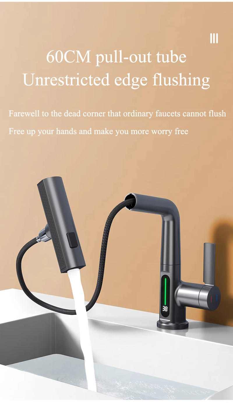 Description Picture 6 of itemTemperature Digital Display Basin Faucet Lift Up Down Waterfall outflow Hot Cold Water Mixer Tap Pull out Bathroom Faucets Crane