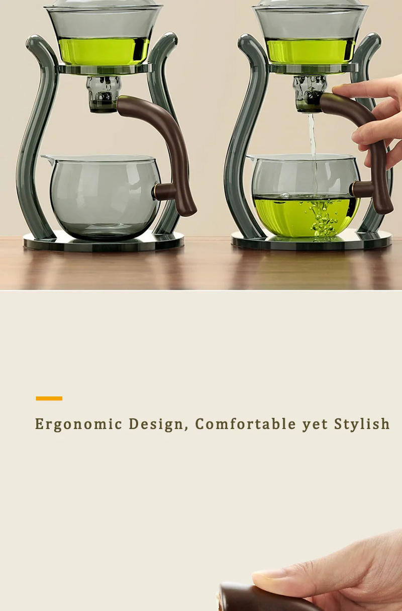 Description Picture 5 of itemLazy Kungfu Glass Tea Set, Magnetic Wooden Handle Tea Pot Set, Semi Automatic Drip Rotating with Infuser Glass Teapot Set