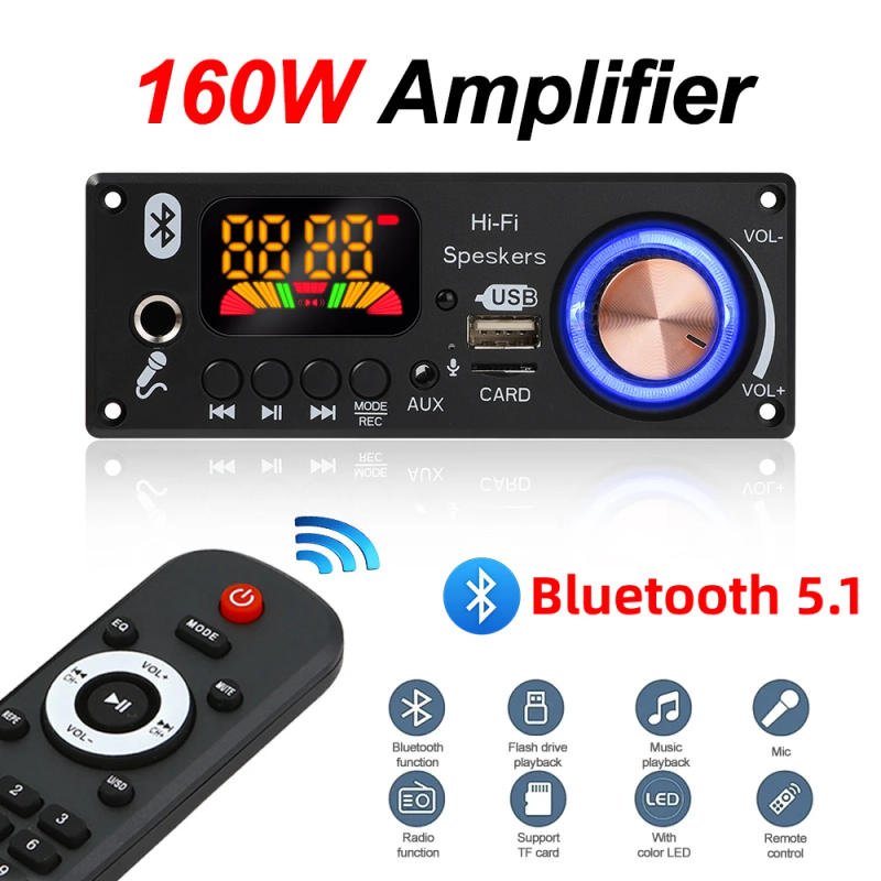 Description Picture 2 of item160W Amplifier Bluetooth Decoder Board DIY 12V 6.5mm Microphone FM Radio TF USB Car Audio Music Player Speakers Volume Control