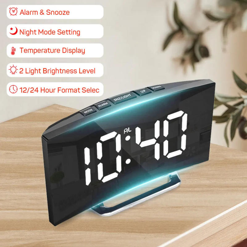 Description Picture 2 of itemCurved Screen Clock Digital Led Alarm Clock with Temperature Display Large Mirror Clock Snooze Bedside Table Clock Room Decor