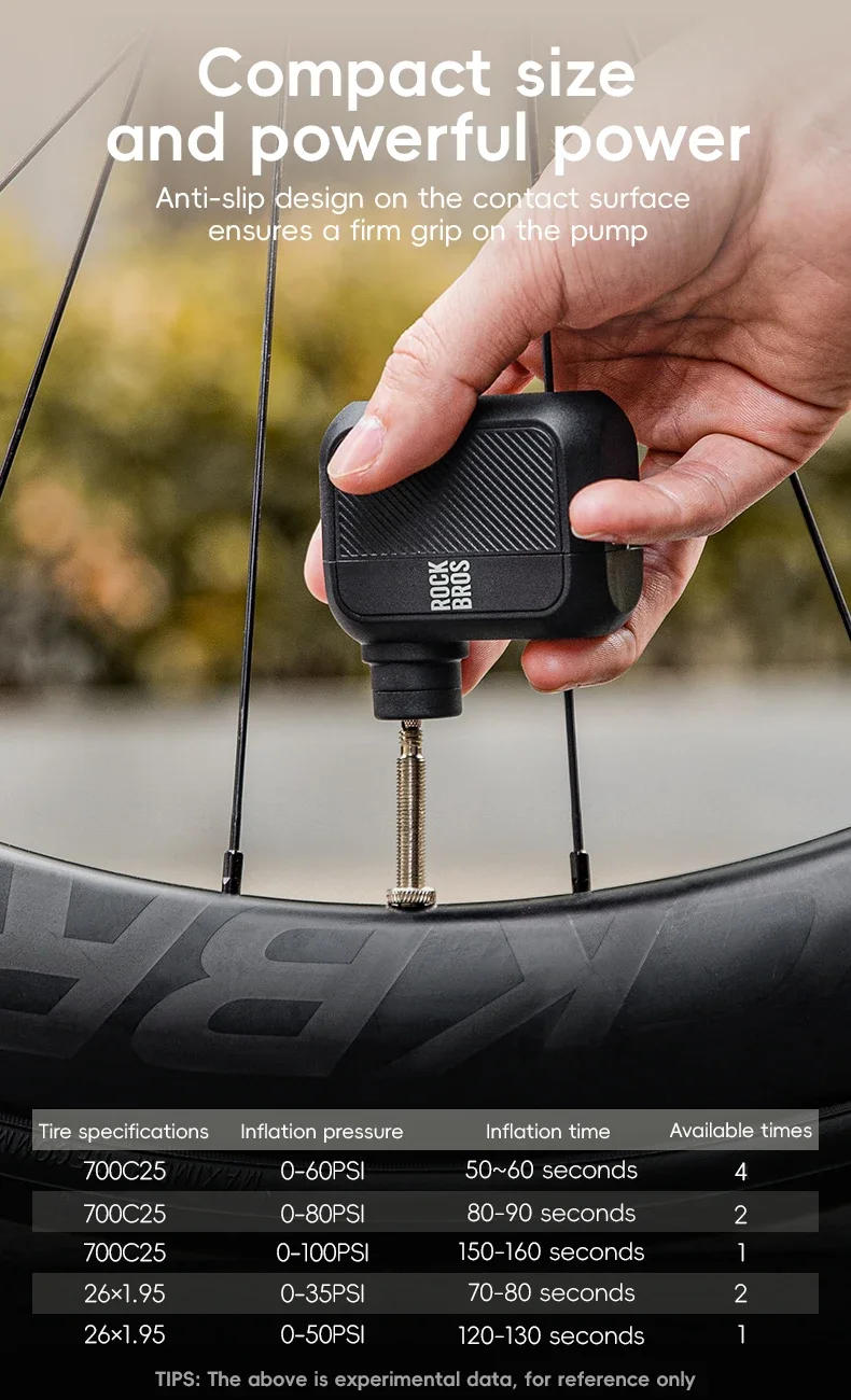 Description Picture 6 of itemROCKBROS Electric Air Pump Portable 100PSI Bicycle Pump Air Compressor Rechargeable Tire Inflator Pump 300mAh Battery Capacity