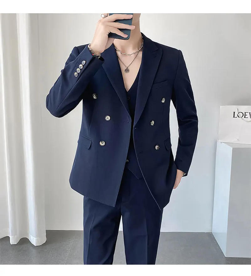 Description Picture 6 of itemIns Light Mature Style Korean Version Slim Fit (suit + Vest + Trousers) Casual Solid Color Double Breasted Men's Three-piece Set