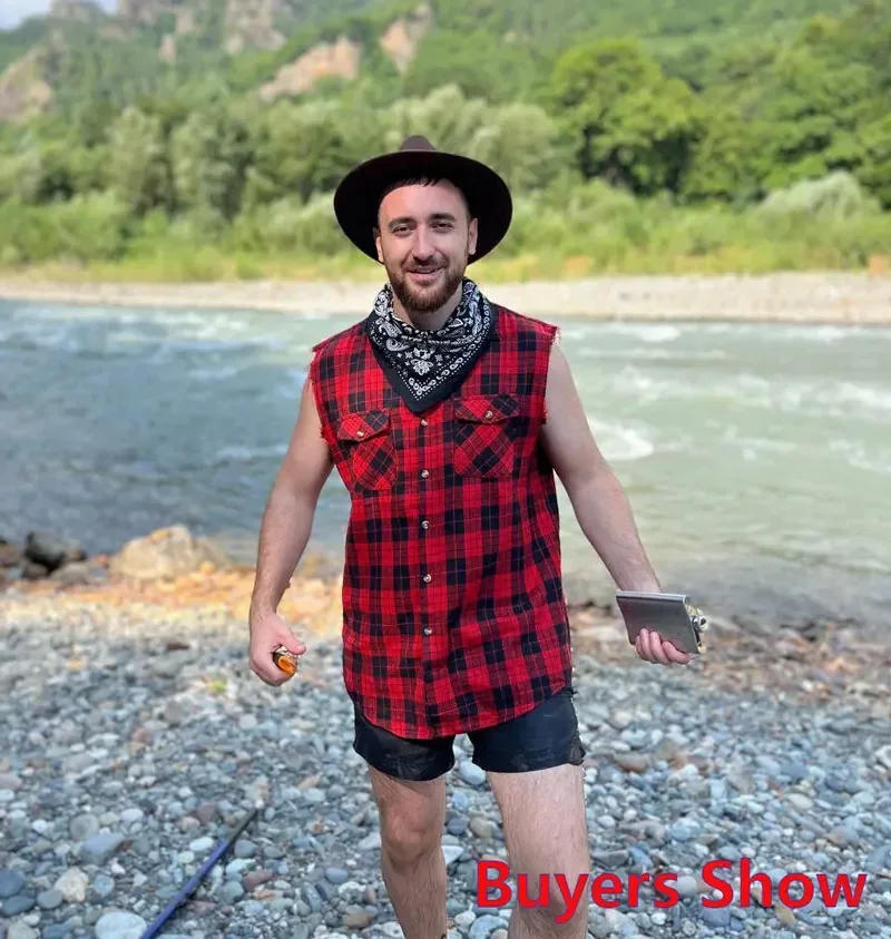 Description Picture 2 of itemMen's Casual Flannel Plaid Shirt Sleeveless Double Pocket Cowboy Button Down Shirts Men Cotton Plus Size Vest Checkered Top 2XL