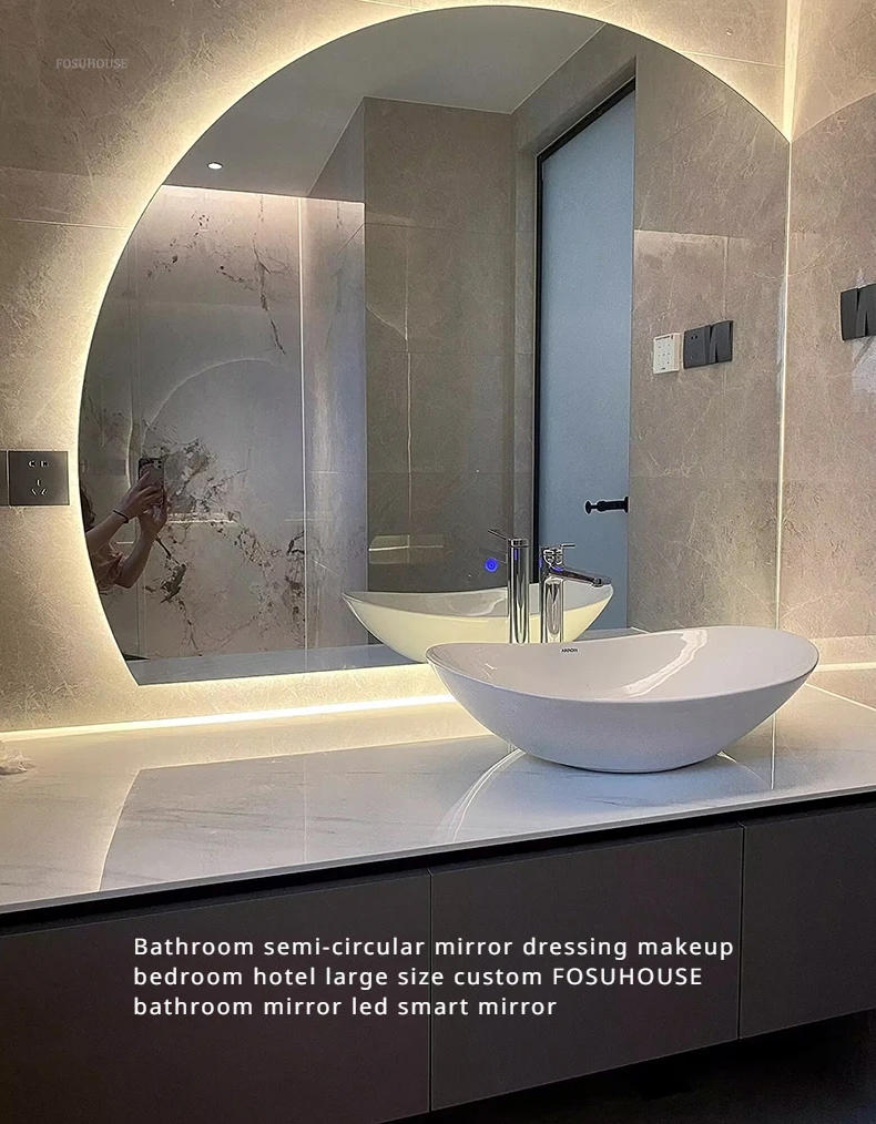 Description Picture 6 of itemModern Semicircular Mirror for Bathroom Large Size Touch Screen LED Light Bath Mirrors Simple Creative Glass Mirrors for Hotel