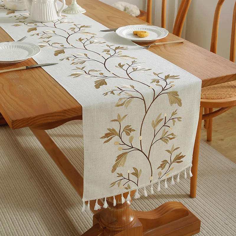 Description Picture 3 of itemEmbroidered Cotton Linen Luxury Table Runner Tablecloth Tassel for Home Dinning Table Coffee Table Mat Wedding decorations