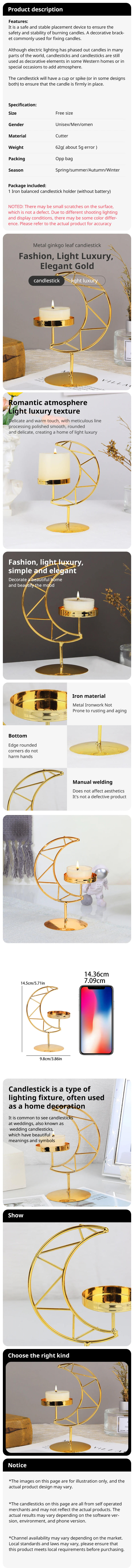 Description Picture 2 of item1pc Holder for Pillar Candles Metal Candlestick Moon Shape Stand Desktop Tealight Decoration for Dining Party Wedding