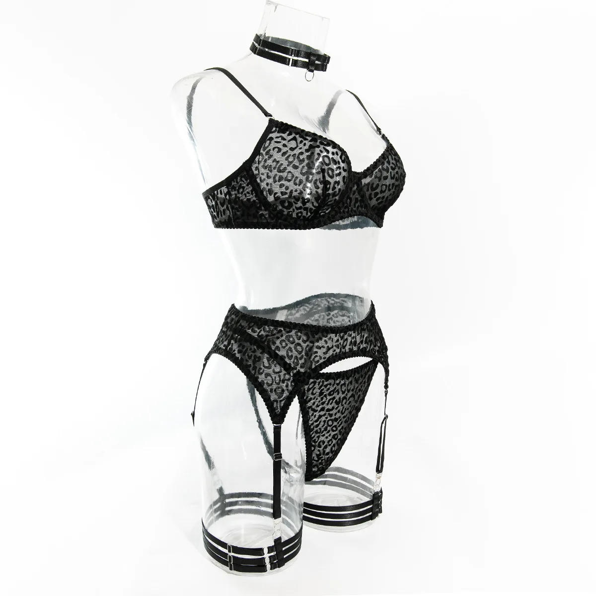 Description Picture 4 of itemToucheart 5-Piece Suit Sexy Underwear Suit Flocked Leopard Print Fashionable Hollow Sexy Lingerie Women Perspective Underwear