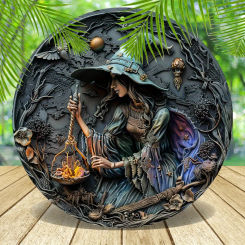 Witch Metal Sign Art Set, 8x8 Inch Aluminum Round Plaque, 2D Embossed Effect, Weatherproof Outdoor & Indoor Decor for Garden