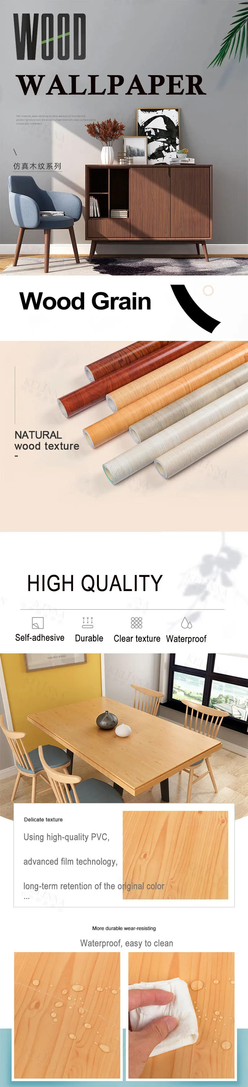 Description Picture 2 of itemVinyl Self-adhesive Waterproof Wood Wallpapers Wall Stickers for Wall in Rolls Furniture Renovation Film Bedroom Home Decor PVC