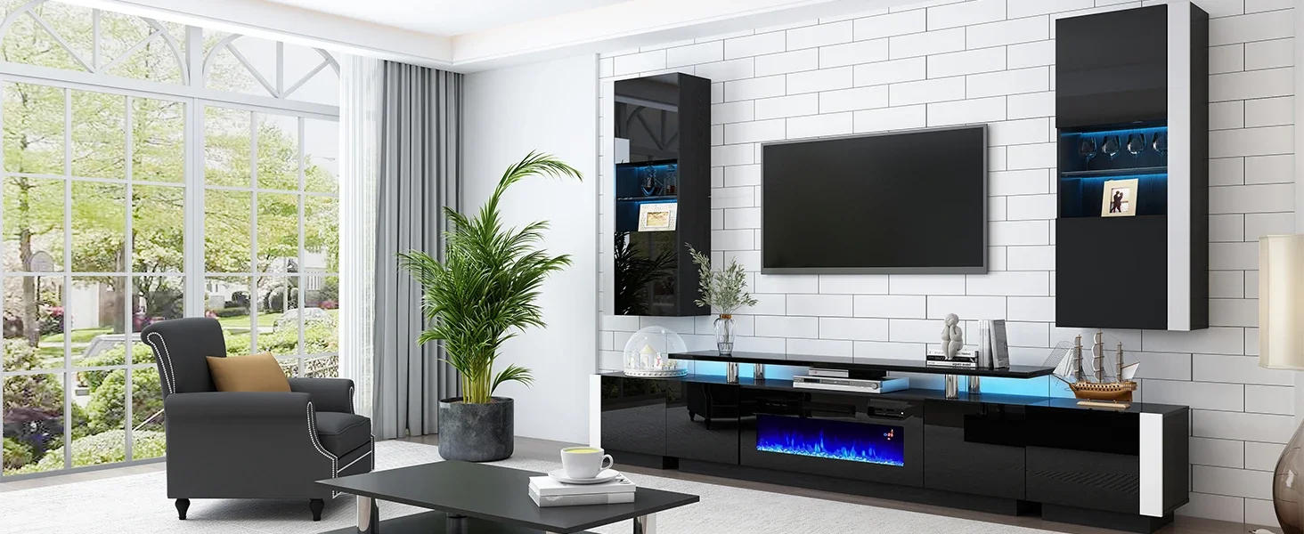 Description Picture 2 of itemTV Stand with Fireplace and Bookshelves, 2-Tier Fireplace TV Stand, 2 X Wall Cabinets & 2 X End Tables, LED Lights TV Console