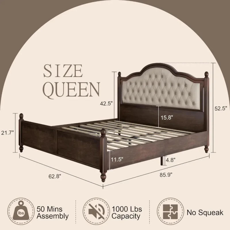 Description Picture 4 of itemQueen Solid Wood Bed Frame with 52.5" Upholstered Tufted Headboard, Roman Column Accents No Box Spring Needed, Queen Bed Frame