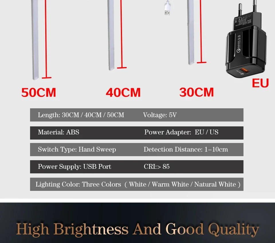 Description Picture 4 of itemUSB LED Bar Light Aluminium 30/40/50cm 3 Color Temperature Wall Lamp Hand Scan Sensor Switch Control Kitchen Closet Light