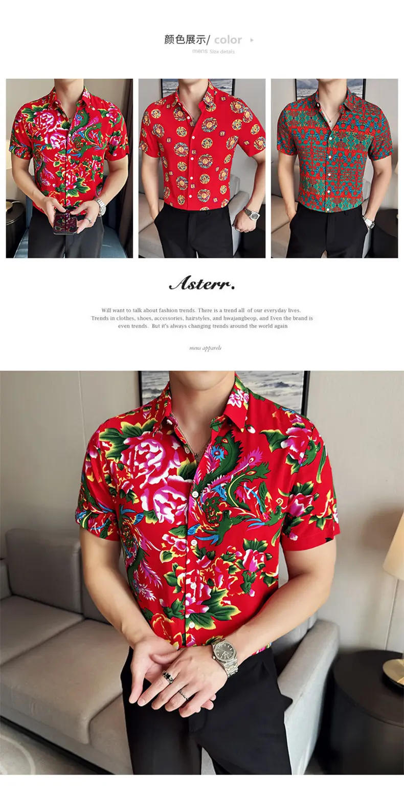 Description Picture 3 of item2024 Summer Art Printed Shirt Men's Short Sleeve Slim Fit Casual Shirts Handsome Versatile Streetwear Tuxedo Blouse Men Clothing