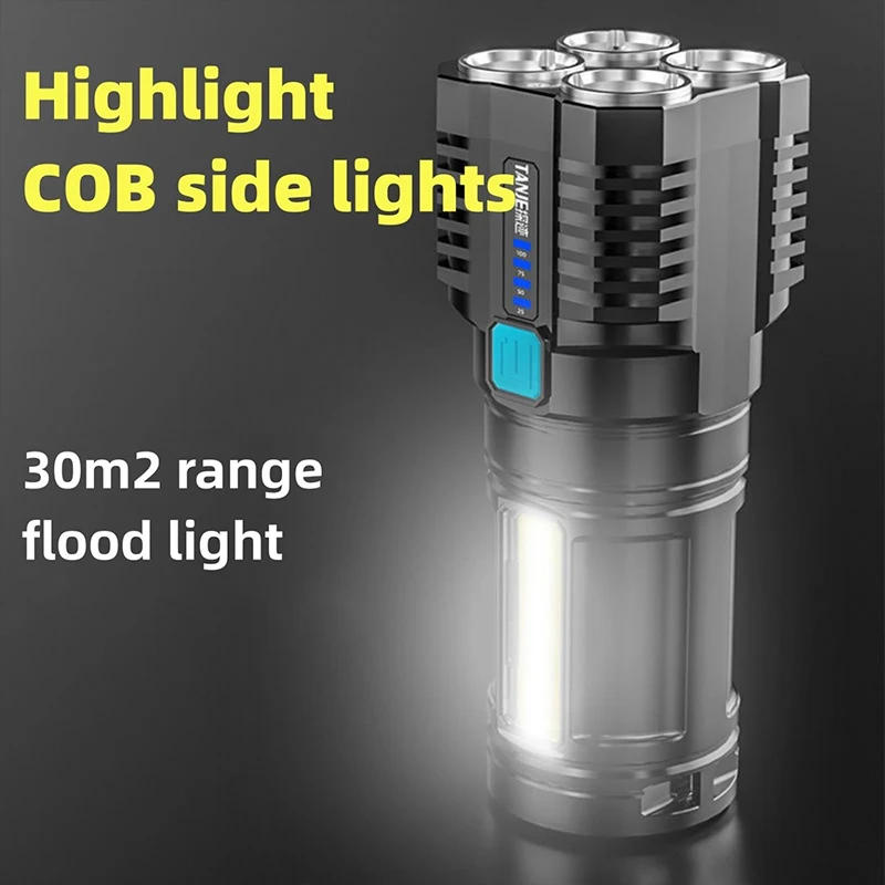 Description Picture 2 of item4LED Flashlight With Side Lights Outdoor Ultra Bright 10000 High Lumen Flashlight 4 Light Beam Beads Waterproof Design Powerful