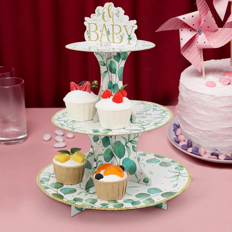 Description Picture 6 of itemGolden Edged Green Leaf Paper Cake Stand Birthday Party Decoration Kids Baby Shower Reveals Gender Party Supplies Cake Decor