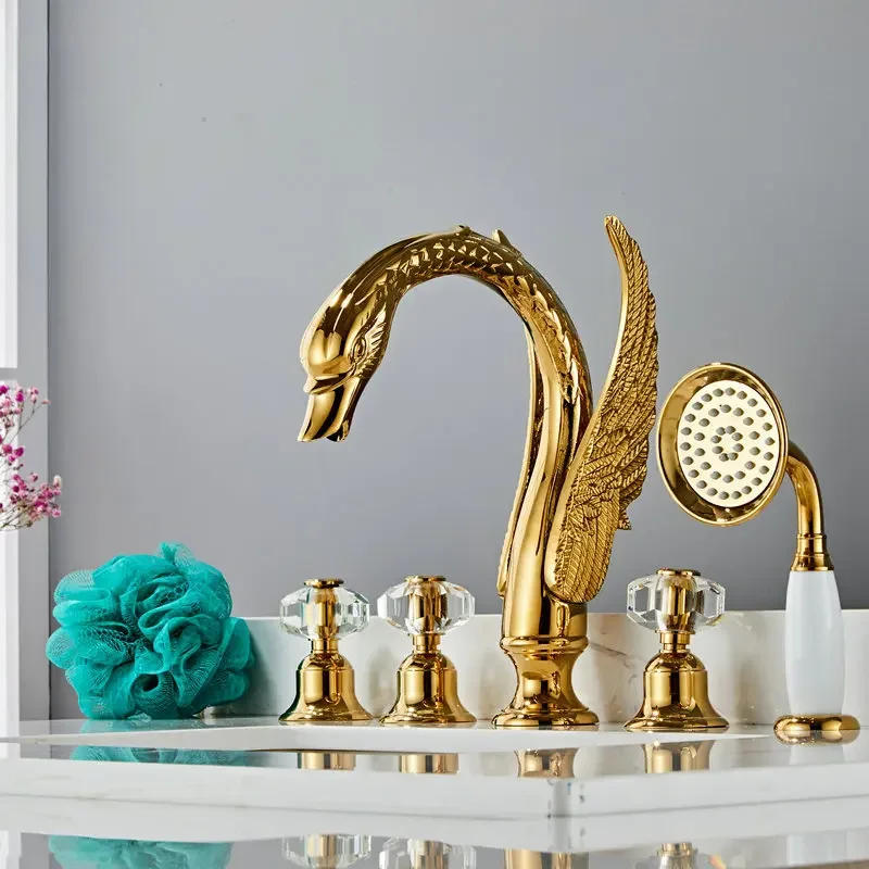 Description Picture 4 of itemBasin Faucet Gold Bathtub Shower Head Swan Widespread Basin Mixer With Hand Showe Head Hot And Cold Water Tap