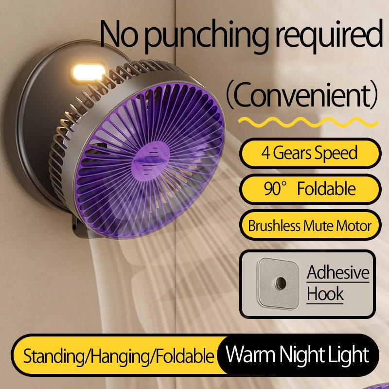 Description Picture 4 of item2024 New 5000mAh Rechargeable Table Fan Portable Air Conditioner Wall Mounted Fan 90° Folding Fan 4 Gears with Warm Night Light