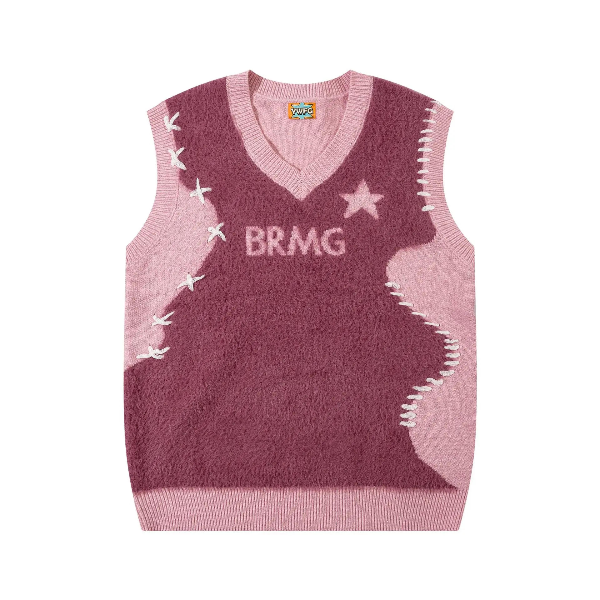 Description Picture 6 of itemAutumn Winter Sweater Vest Men Plush Patchwork Loose Sleeveless V-neck Sweaters Vest Harajuku Oversize Couple Knitwear Pullover