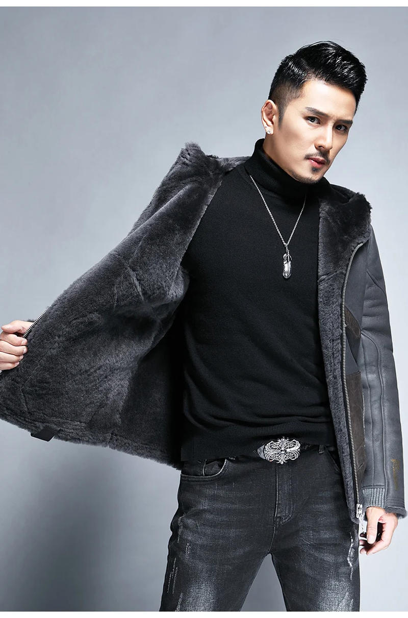 Description Picture 4 of itemNew Arrival Hooded Color Contrast Genuine Leather Jacket Men Winter Casual Loose Real Sheepskin Fur Coat Warm Outdoor Overcoat