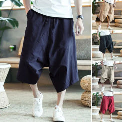 Trendy Men Pants Summer Drawstring Comfy Solid Color Drawstring Baggy Pants 3/4 Trousers Skin friendly