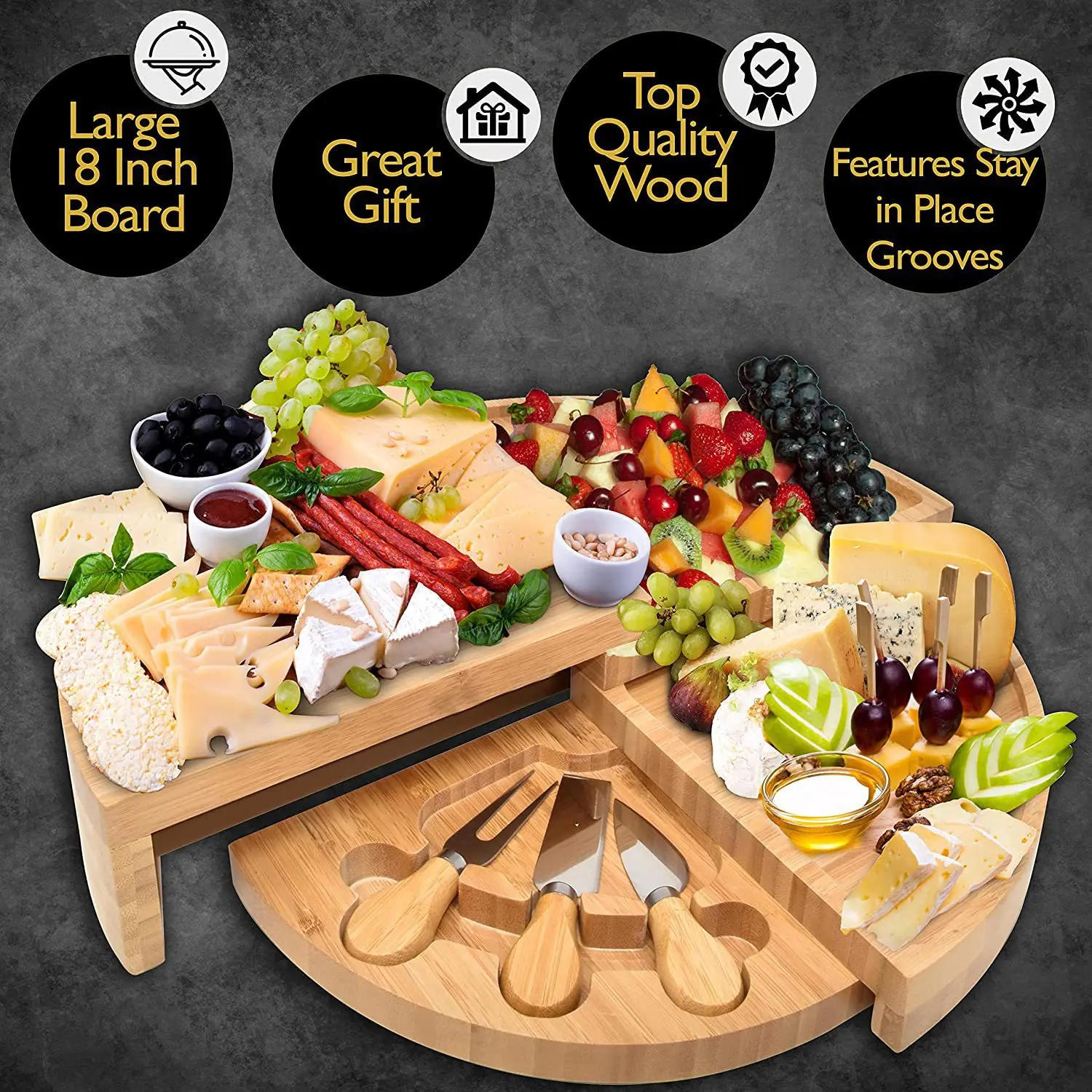 Description Picture 6 of item1Set Cheese Board Cutlery Cutter Set with Slide Out Drawer Cooking Tools Slicer Fork Scoops Cut Kitchen Storage