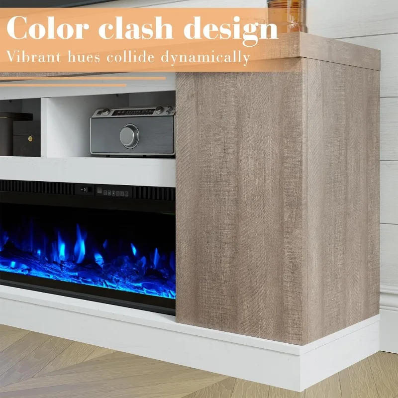 Description Picture 6 of item75” Fireplace TV stand with 60” Electric Fireplace, Chunky Entertainment Center with Wood Grain, Color Clash Entertainment Stand