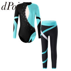 Gymnastics Jumpsuit Kids Girls Long Sleeve Shiny Rhinestones Ballet Gymnastic Leotards with Leggings for Yoga Skating Bodysuit