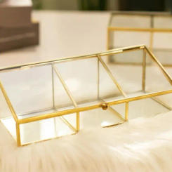 Metal Glass Storage Box Three-Grid Jewelry Lipstick Eyeshadow Cosmetics Container Living Room Desktop Organizer