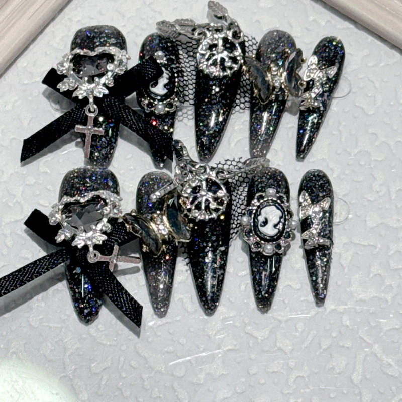 Description Picture 5 of item10pcs Handmade Long Pointed Press on Nails 3D Black Red Rose Crystal Design Fake Nail Patch European Heavy Metal False Nail Tips