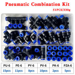 51 PCs Boxed PU-6/PE-6/PZA-6/PY-6/PV-6/PG-6/PK-6 Pneumatic Connectors Kit 6mm Outer Diameter of the Hose Pipe Tube Air