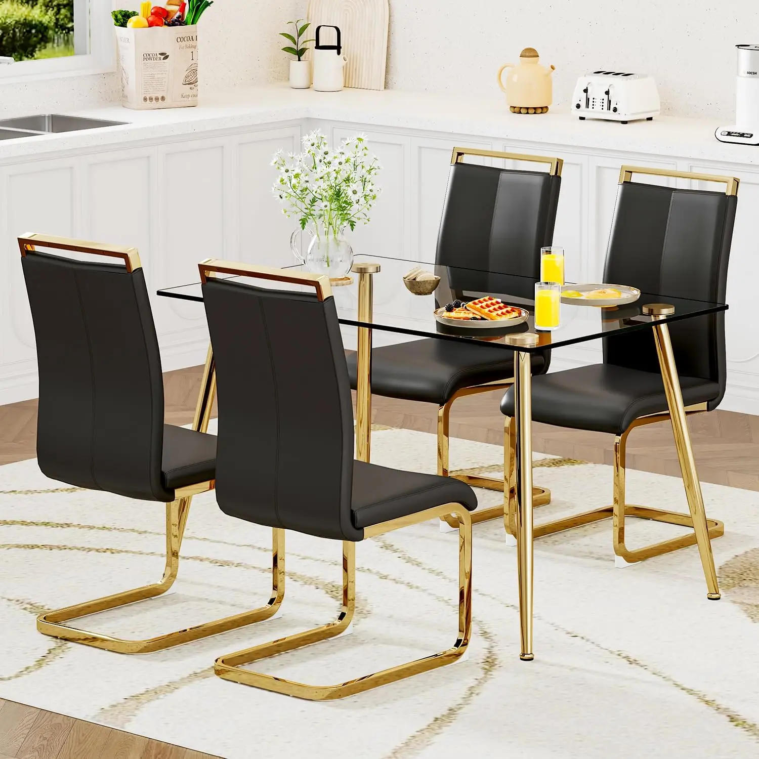 Description Picture 2 of itemGlass Dining Table Set for 4,5 Piece Dining Table and Chairs Set，Modern Kitchen Dining Room Table with 4 Black PU Leather