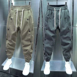 Spring Summer New Style Men's Casual Pants Buckle Binding Cargo Pants Fashion Brand Splicing Solid Color Loose Slim-fit Pants